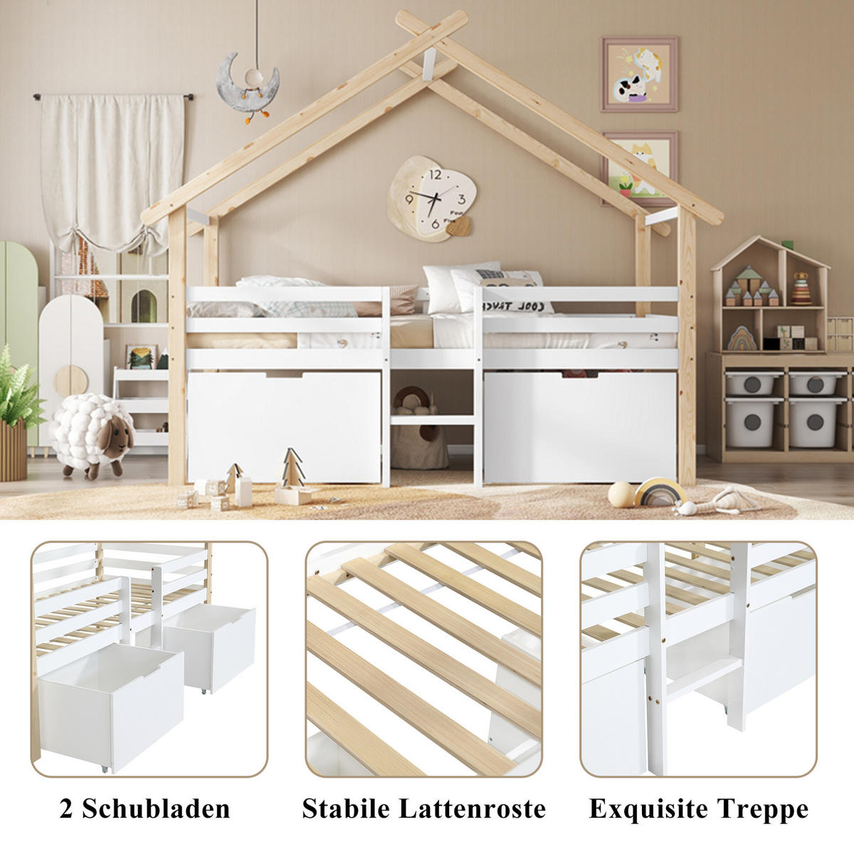 HAUSBETT 90/200 cm in Weiß/Natur – halbhoch mit Dach, Treppe und 2 Schließfächern - Weiß, Holzwerkstoff (90/200cm) - BEAOK