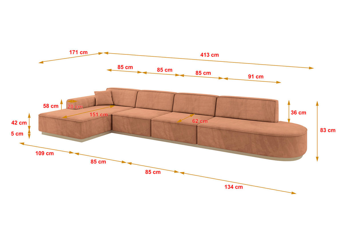 ECKSOFA Ottomane Links IREA-L3 - 413x171x83 cm Koralle - Koralle, Holzwerkstoff/Textil (413/171cm) - ALTDECOR