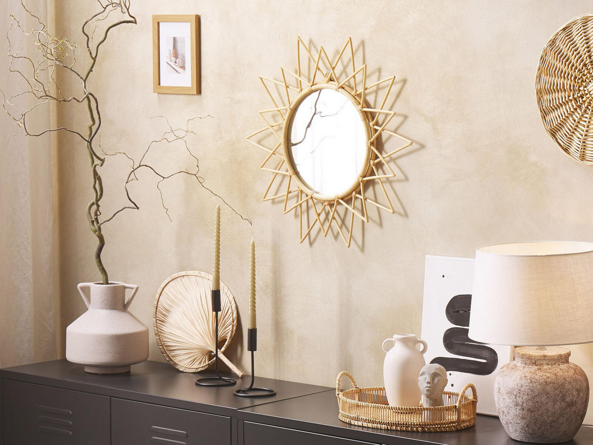 WANDSPIEGEL Rattan natürlich Sonnenform 61 cm Aroek - Beige/Naturfarben, Naturmaterialien (61/61/3cm) - Beliani