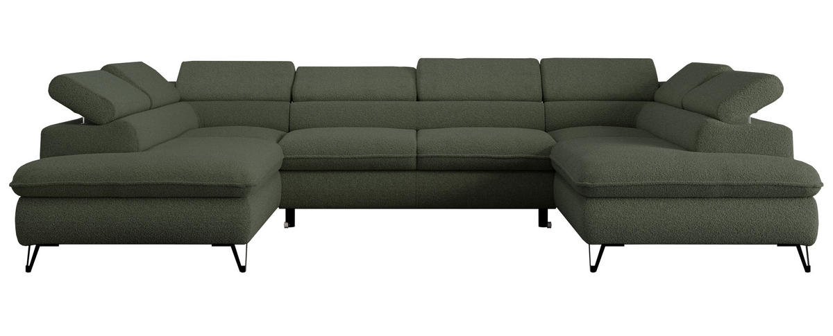 WOHNLANDSCHAFT PEDRO U Boucle Grün - Schwarz/Grün, Textil/Metall (346/76/208cm) - MKS