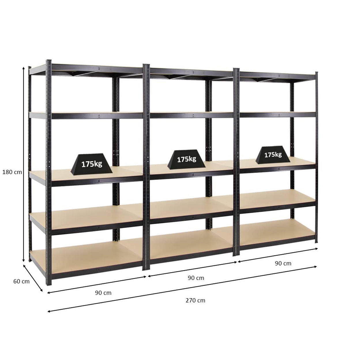 SCHWERLASTREGAL Taurus 3er-Set mit 3x 180x90x60 cm Fachlast 175 kg Schwarz - Schwarz, Metall (270/180/60cm) - PROREGAL