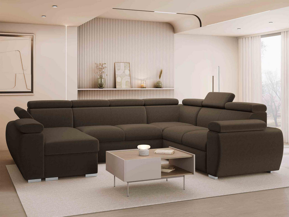 WOHNLANDSCHAFT Boston U, Seite: Links - LC+2P+R+2R - Chromfarben/Braun, Holz/Textil (325/98/260cm) - MIRJAN24