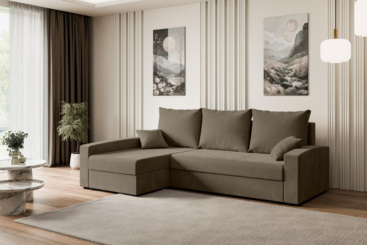 ECKSOFA mit Schlaffunktion und Bettkasten ALESIA-L 231x140x90 cm Braun Velours - Silberfarben/Braun, Holzwerkstoff/Kunststoff (231/140cm) - ALTDECOR