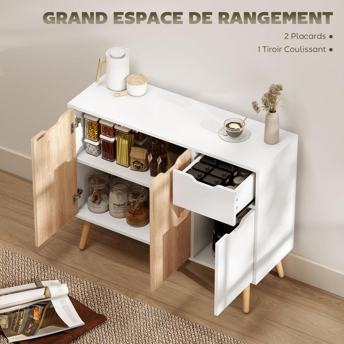 SIDEBOARD Weiß und Eichefarben 90/30/72 cm - Weiß, Holz (90/72/30cm) - PANGIVO