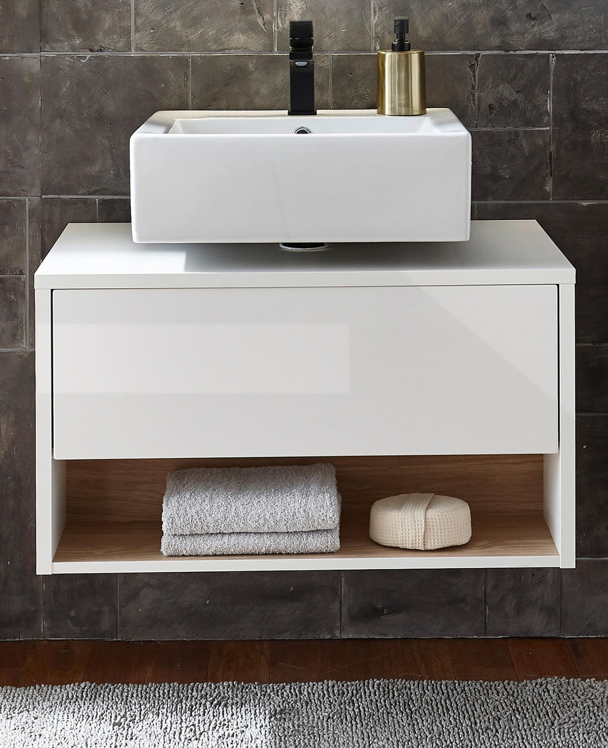 WASCHBECKENUNTERSCHRANK weiß Hochglanz, Eiche 80 cm, Bad Unterschrank mit Push-to-Open - Weiß Hochglanz, Holzwerkstoff (80/46/46cm) - Furn.Design