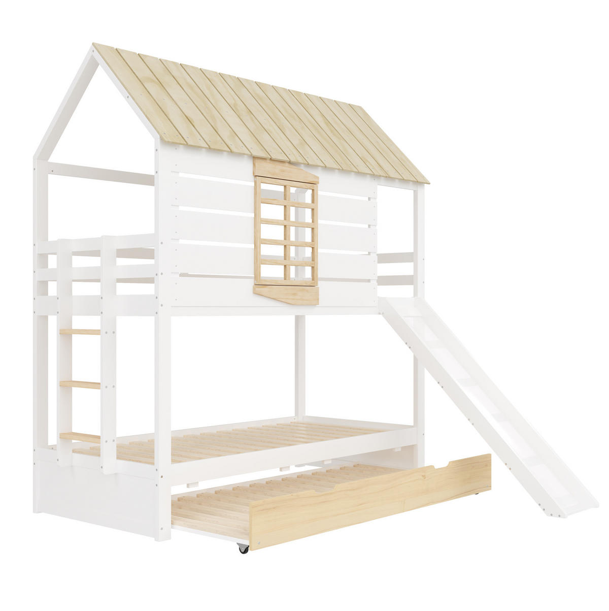 ETAGENBETT aus Kiefer und MDF 90x200 cm Weiß/Natur mit Rutsche, Ausziehbett und Hausdach - Weiß, Holzwerkstoff (90/200cm) - Modfu