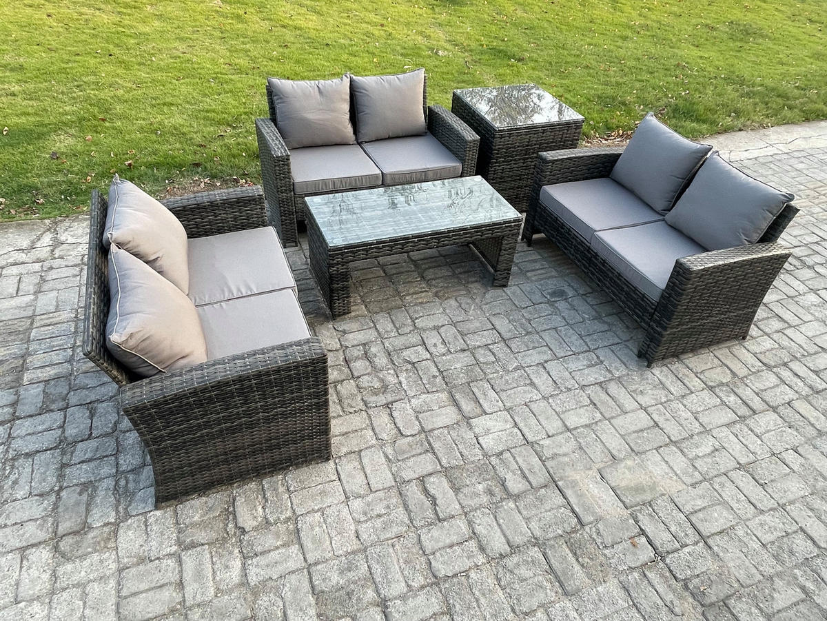 GARTENMÖBEL-SET MIT COUCHTISCH 2-SITZER SOFA BEISTELLTISCH Polyrattan Dunkelgrau Gemischt 6-Sitzer - Dunkelgrau, Metall - Fimous