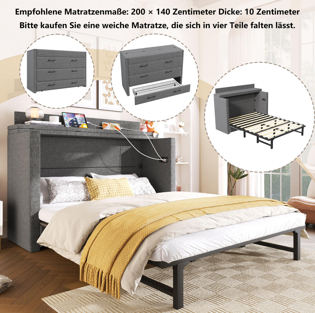 SCHRANKBETT 140/200 cm mit USB- und Typ-C-Anschluss, Schublade und wandelbarem Ablagefach aus Leinen, Grau - Grau, Textil (140/200cm) - Redom