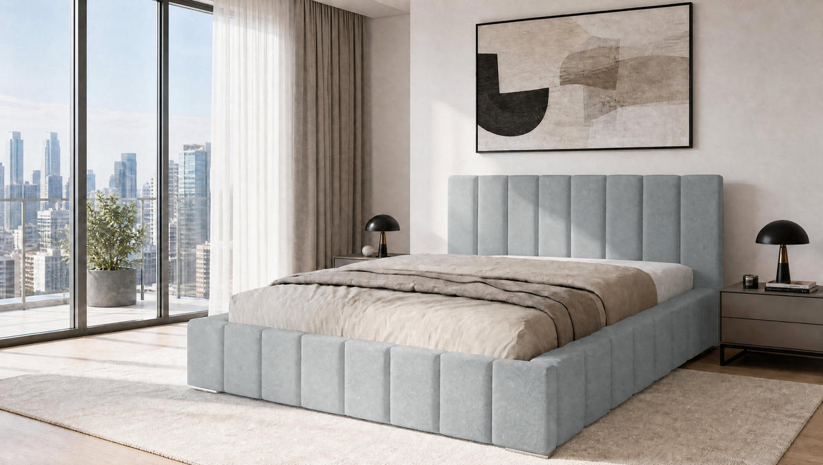MARPUR Polsterbett MENOS 180x200 cm mit Bettkasten und Lattenrost, Veloursstoff Grau - Chromfarben/Grau, Holz/Holzwerkstoff (180/200cm) - Marpur
