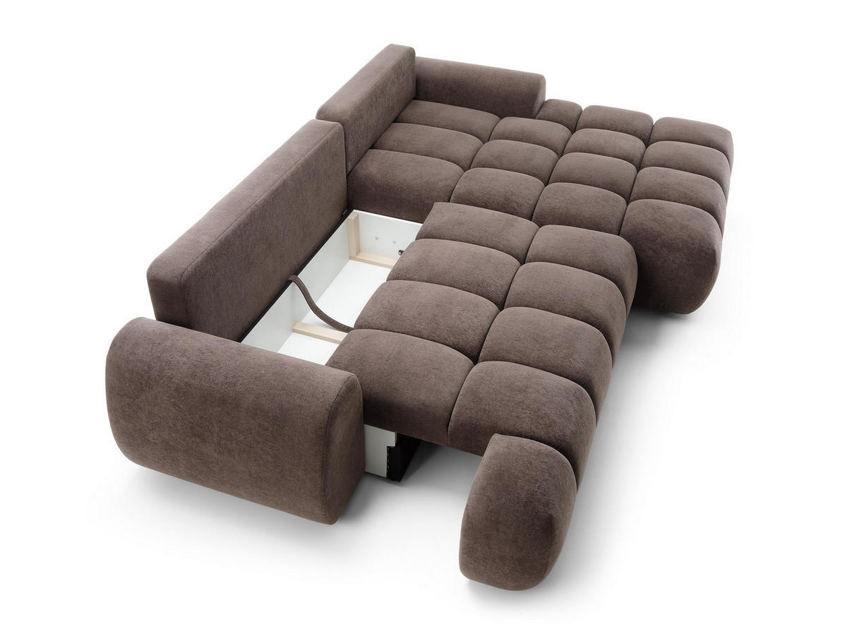 ECKSOFA GARDA Braun Plüsch-Stoff mit Schlaffunktion - Braun, Holz (280/131cm) - MASSENO
