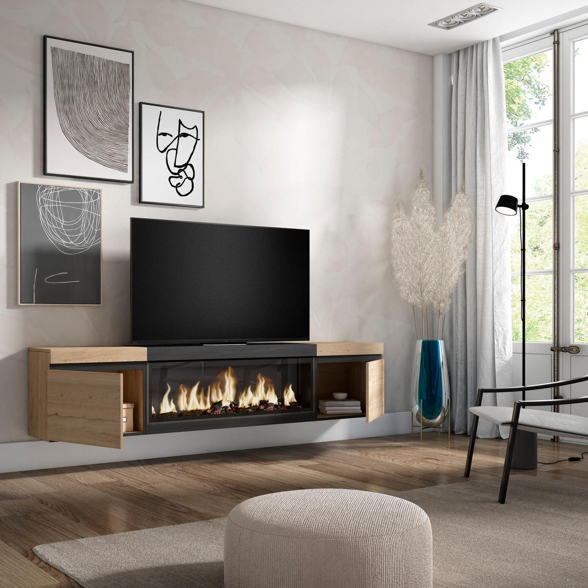 LOWBOARD, Tv-Schrank Elektrokamin XXL, Hängend, eiche, schwarz, 208/35/45cm - Eichefarben/Multicolor, Holzwerkstoff (208/45/35cm) - Skraut Home