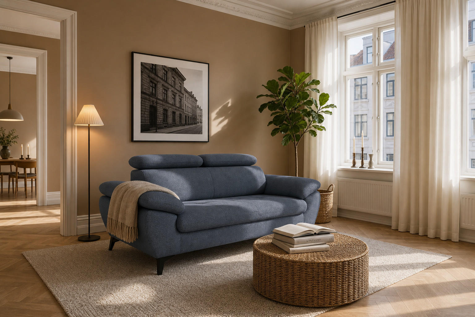 2,5-SITZER Karlstad Chenille Blau verstell. Kopfstützen B 194 cm - Blaugrau, Kunststoff/Textil (194/84/100cm) - foamnova