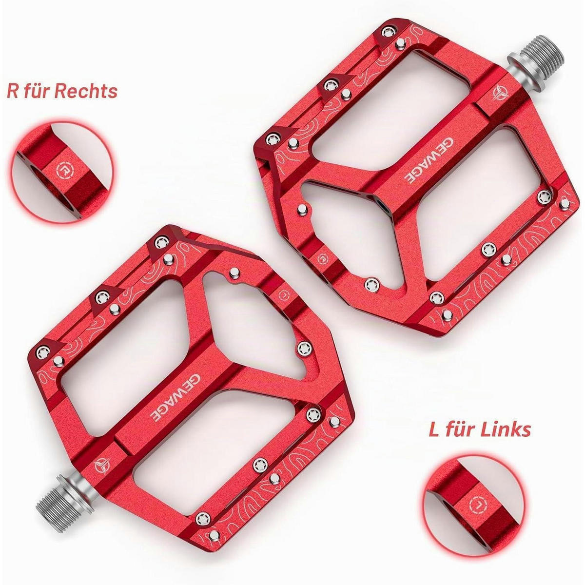 FAHRRADPEDALE Set – Flat Pedale für Mountainbike & Gravel Bike, rutschfest, Aluminiumlegierung, CNC-gefräst, - Rot, Metall (10/2/12cm)