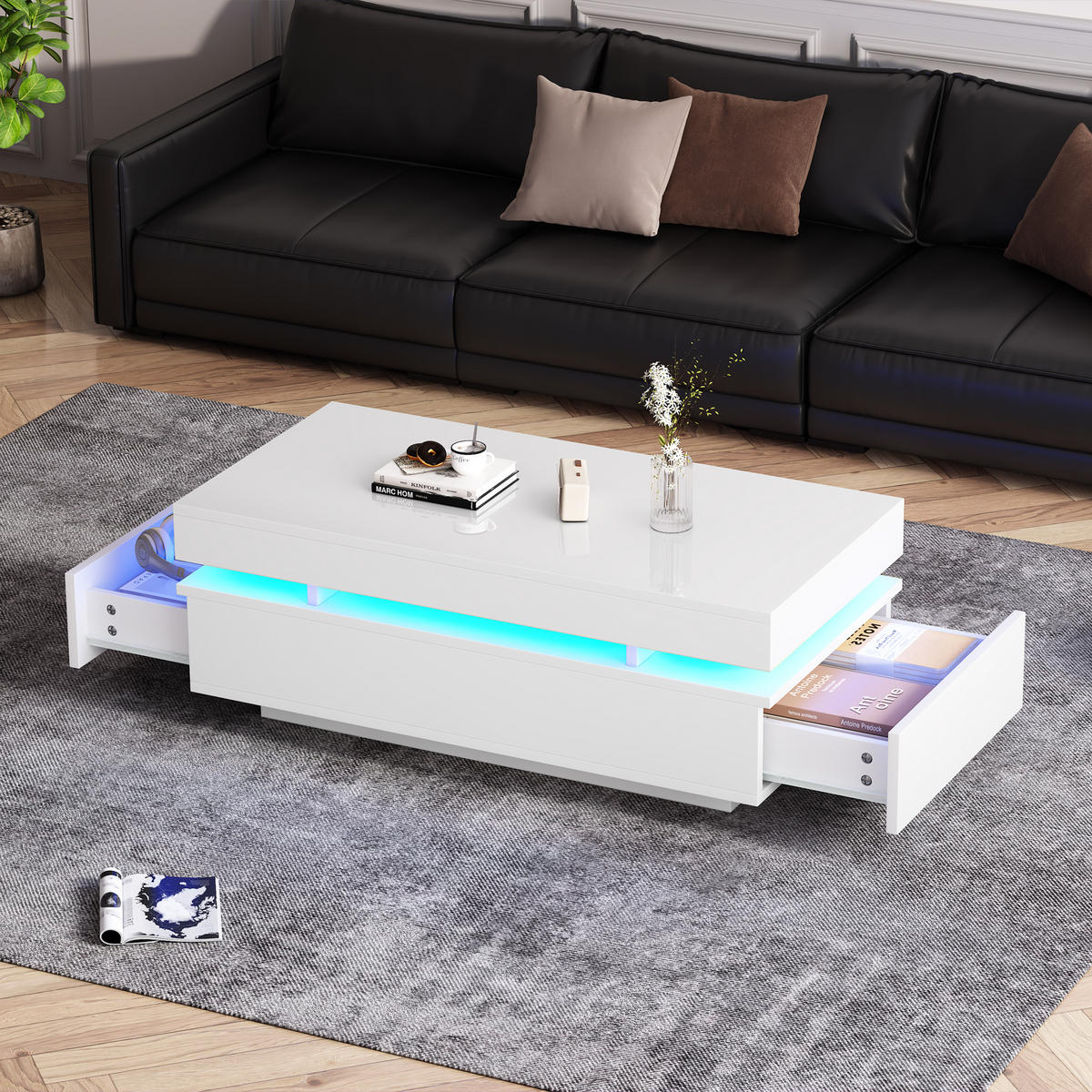 COUCHTISCH LED Weiß Hochglanz 2 Schubladen 100x50x35cm - Weiß, Holzwerkstoff (100/50/35cm) - FLIEKS