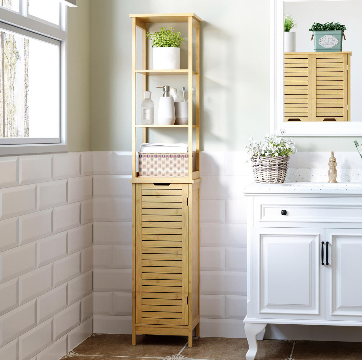 BADEZIMMER Hochschrank 34x30x173 cm Natur aus Bambus mit Lamellentür & 3 Ablagen - Naturfarben, Naturmaterialen (34/173/30cm) - Modfu