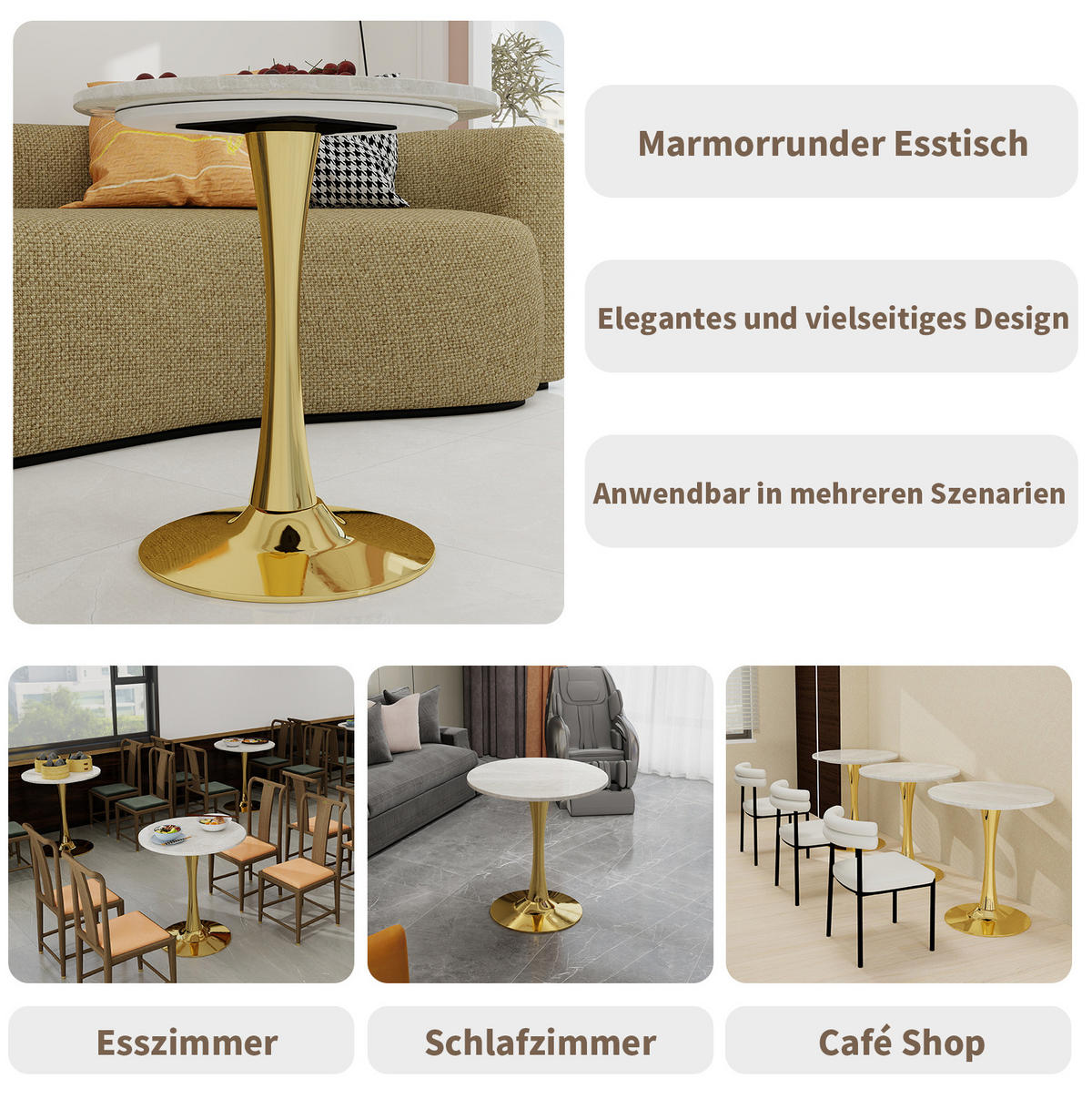 COUCHTISCH 70.1 cm Gold/Weiß aus Kunstmarmor mit runder Tischplatte - Goldfarben, Stein (70/70/72cm) - OKMYHOME