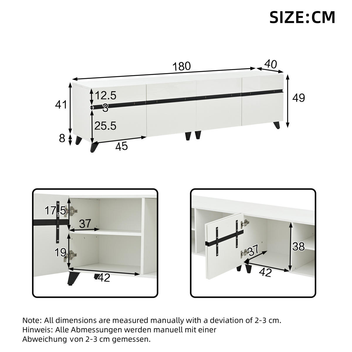 TV-LOWBOARD 180/40/49 cm mit 4 Schrankfächern und Hochglanzfront - Weiß, Holzwerkstoff (180/49/40cm) - BEAOK