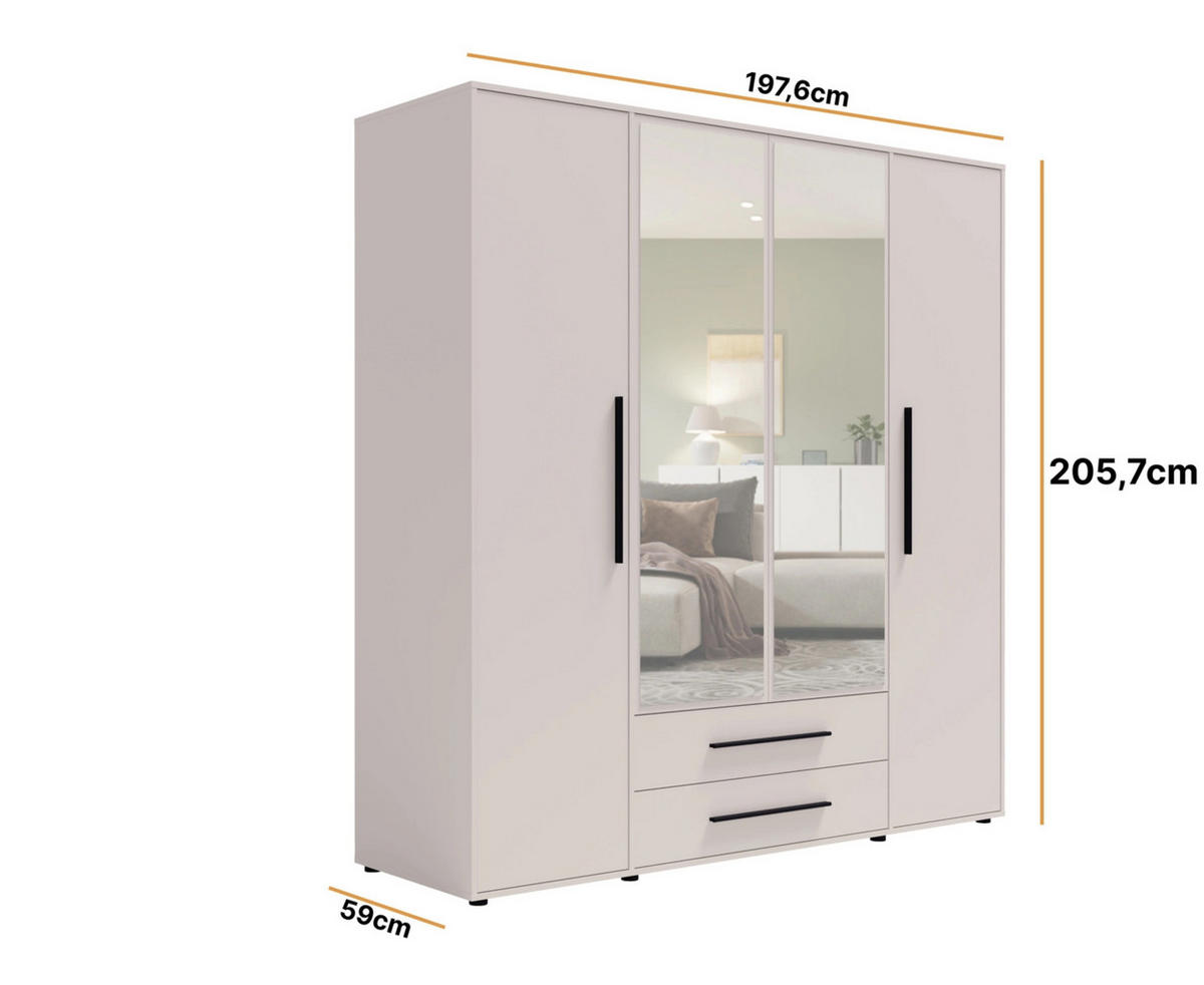 KLEIDERSCHRANK Modena in Kaschmirfarbe, mit Spiegel, mit Tür, mit Türen und Schubladen - Kaschmir/Schwarz, Holzwerkstoff/Kunststoff (200/206/59cm) - Ravio
