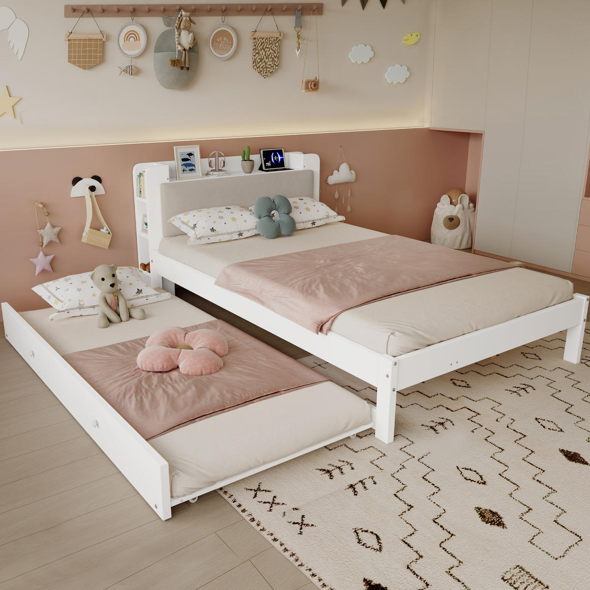 FUNKTIONSBETT 120/200 + 90/190 cm Weiß - Weiß, Holz