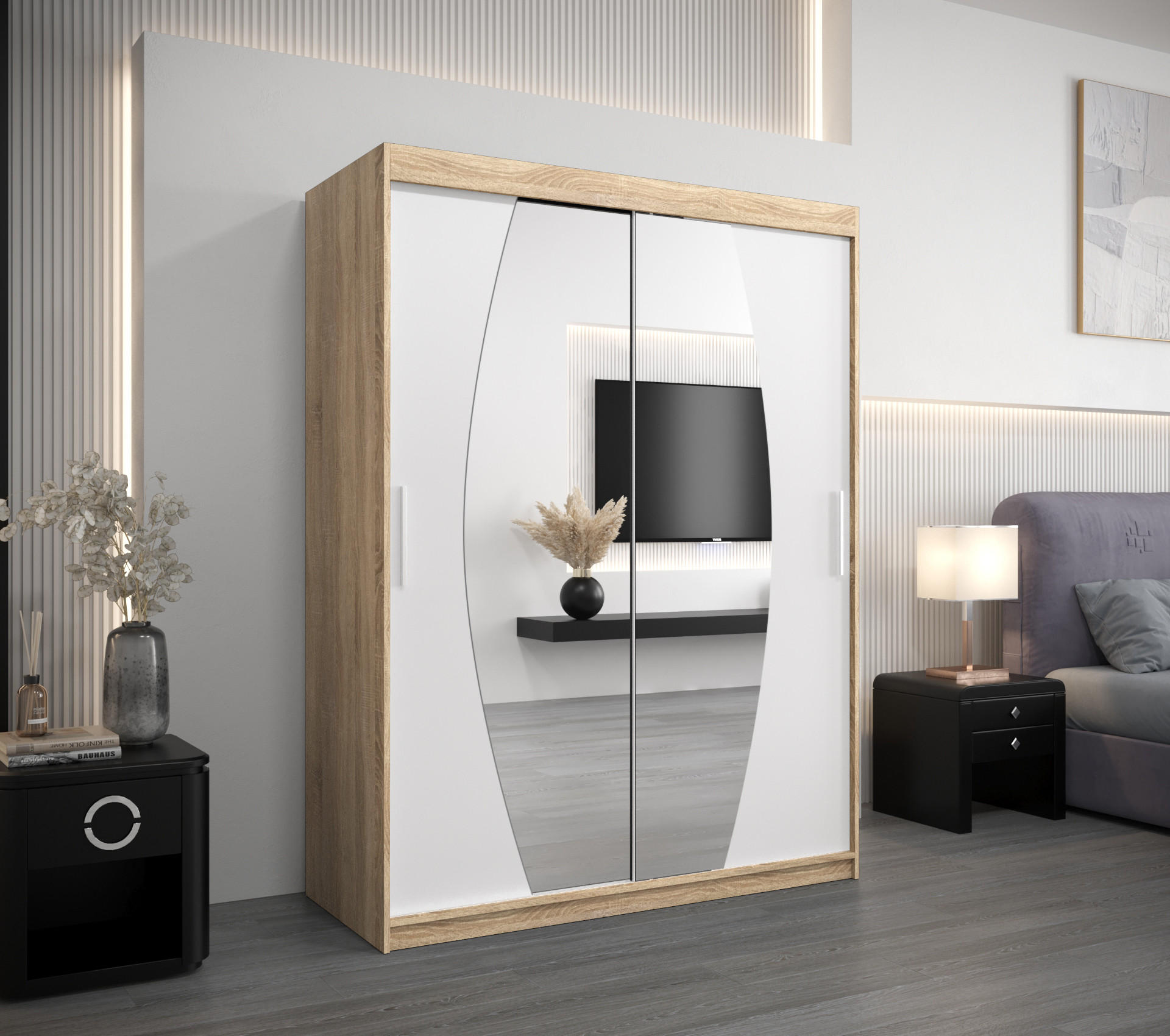 SCHWEBETÜRENSCHRANK 200/150/62 2-türig - Silberfarben/Weiß, Holz/Kunststoff (150/200/62cm) - Abiks Möbel