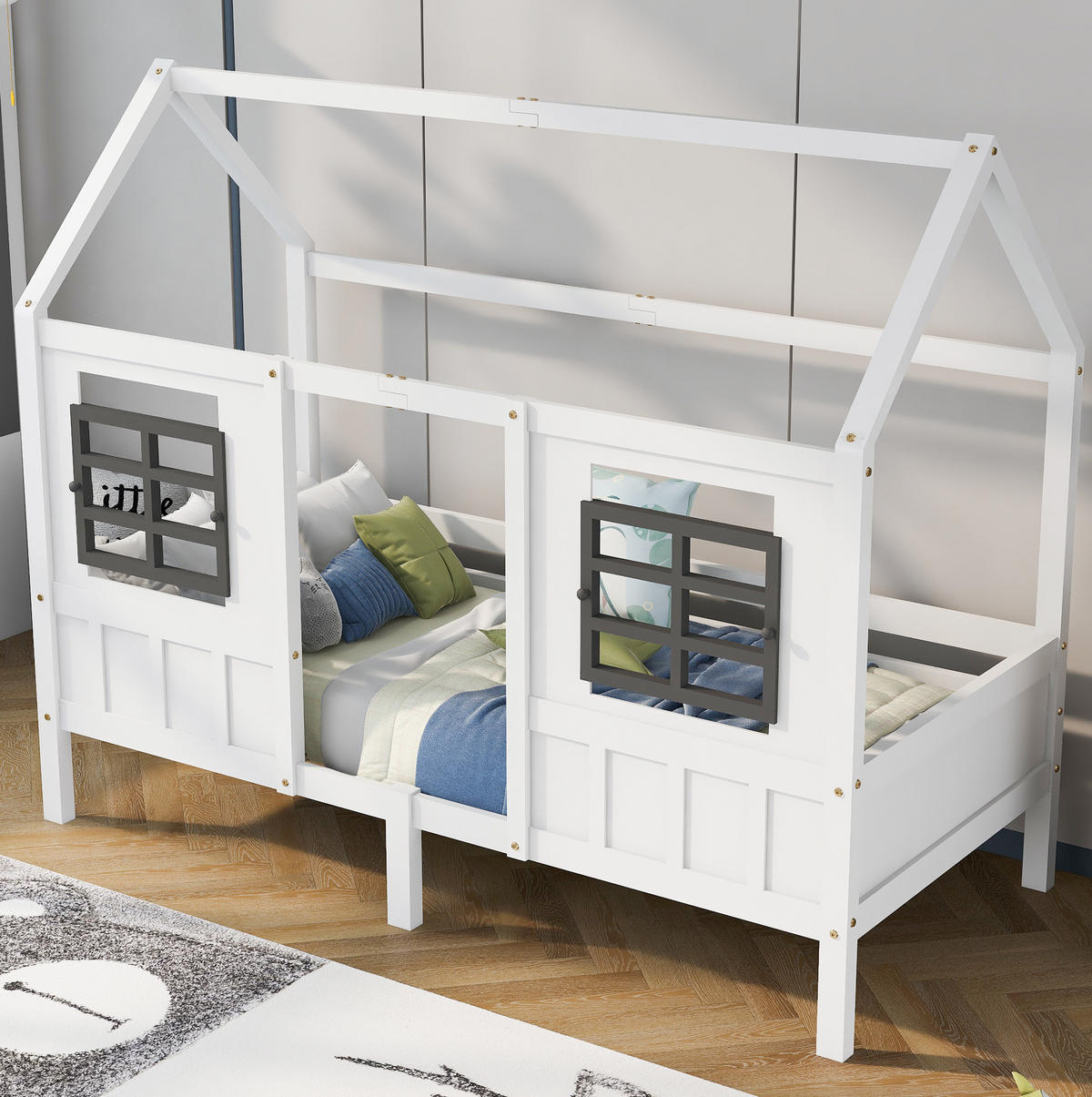 HAUSBETT 90/200 cm Weiß mit 2 Fenstern aus Kiefernholz - Weiß, Holz (90/200cm) - Flora Grace