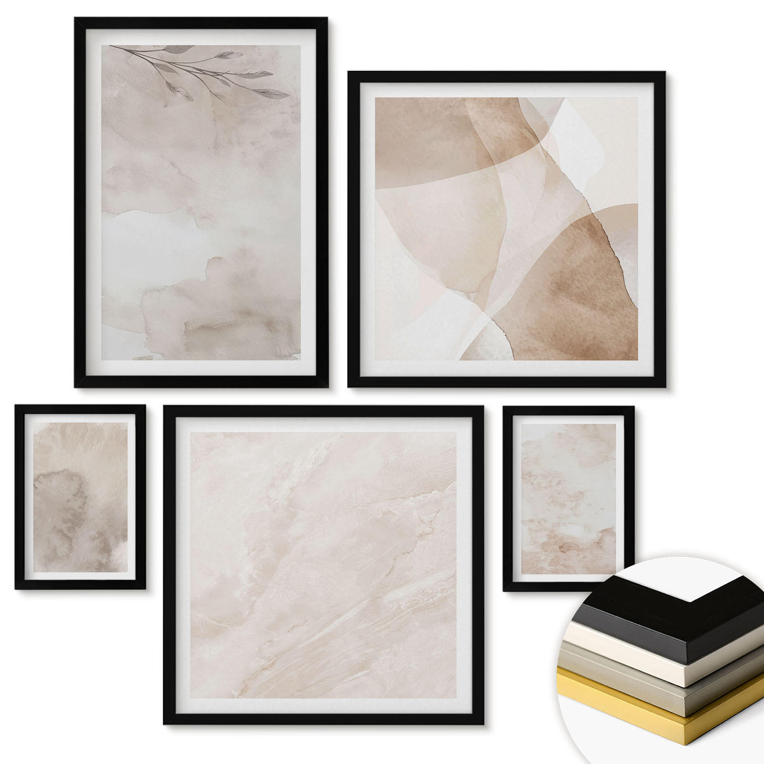 WANDBILDER 5er-Set - 50x50 cm & 20x30 cm & 40x60 cm Schwarzer Rahmen - Aquarellfarben, Boho-Texturen - Schwarz, Kunststoff (40/60cm) - ArtPrintCave