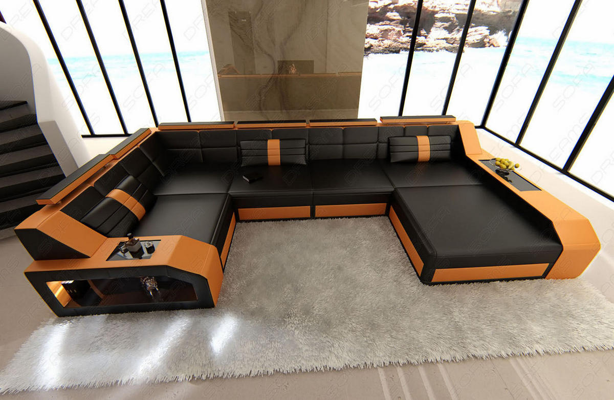 WOHNLANDSCHAFT Arezzo U - Schwarz/Orange, Leder (380/86/197cm) - Sofa Dreams