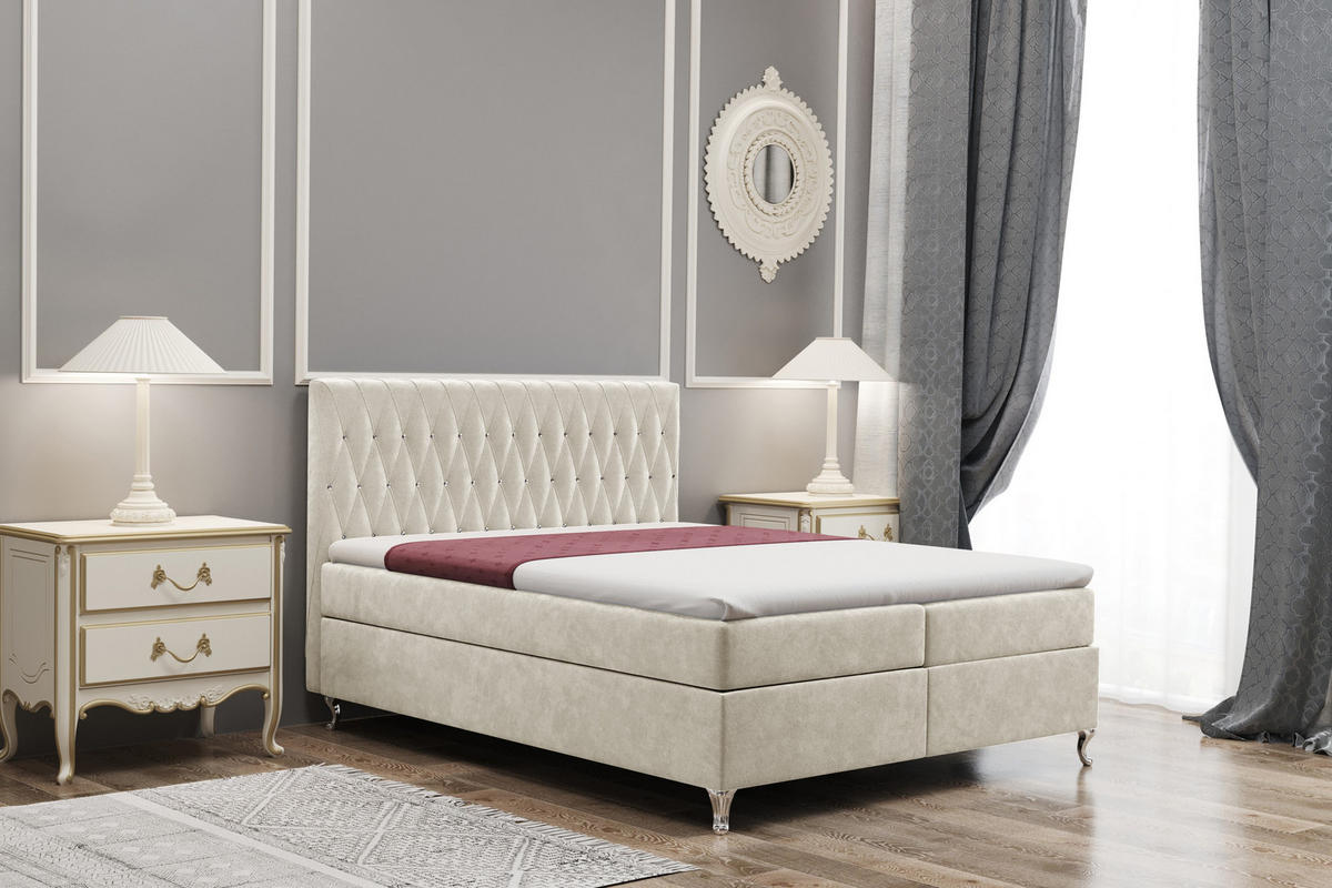BOXBETT Mit Bettkasten Und Matratze KATE Stoff Riviera Hellbeige 140x200 cm H3-Bonell - Creme, Holz/Textil (140/200cm) - Kaiser Möbel