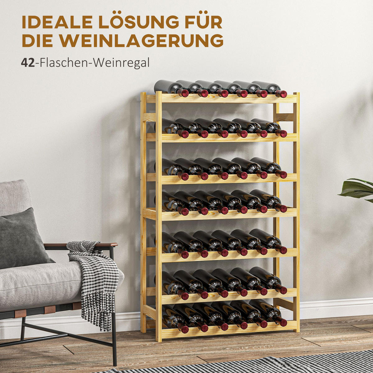 WEINREGAL, Kiefernholz, Naturholz - Naturfarben, Holz (25/102/63cm) - HOMCOM