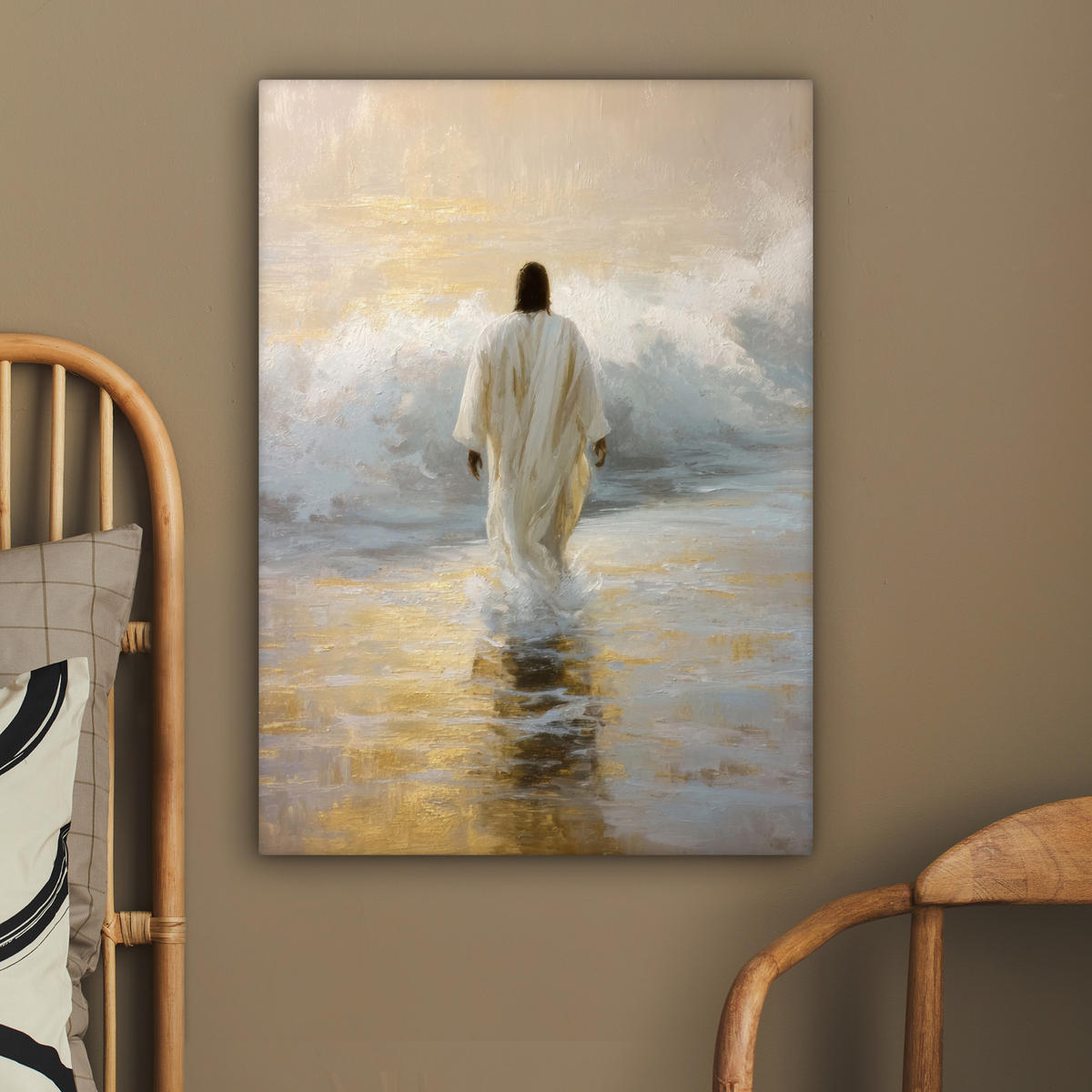 LEINWANDBILD Gemälde - Welle - Jesus - Abstrakt Wandbild Wohnzimmer 60x80 cm - Goldfarben, Textil (60/80cm) - MuchoWow