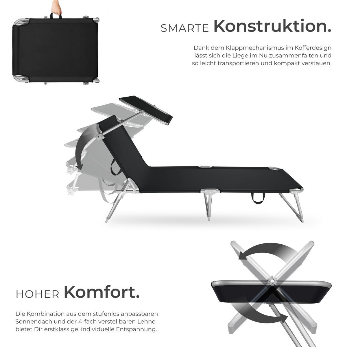 GARTENLIEGE 2er Set, 190 x 68 x 28 cm,schwarz - Schwarz, Kunststoff (68/28/190cm) - tectake