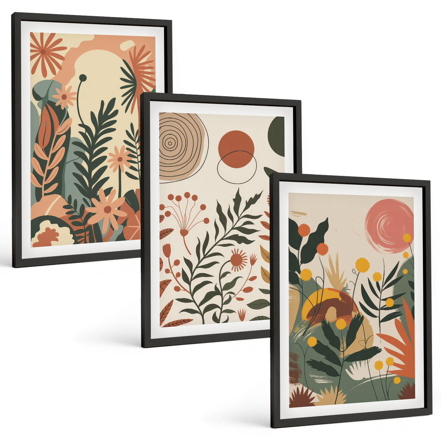 BILDER SET 3er Set - 40x60 cm Schwarzer Rahmen - Vintage-Pflanzenmuster in Pastellfarben - Schwarz, Kunststoff (40/60cm) - TULUP