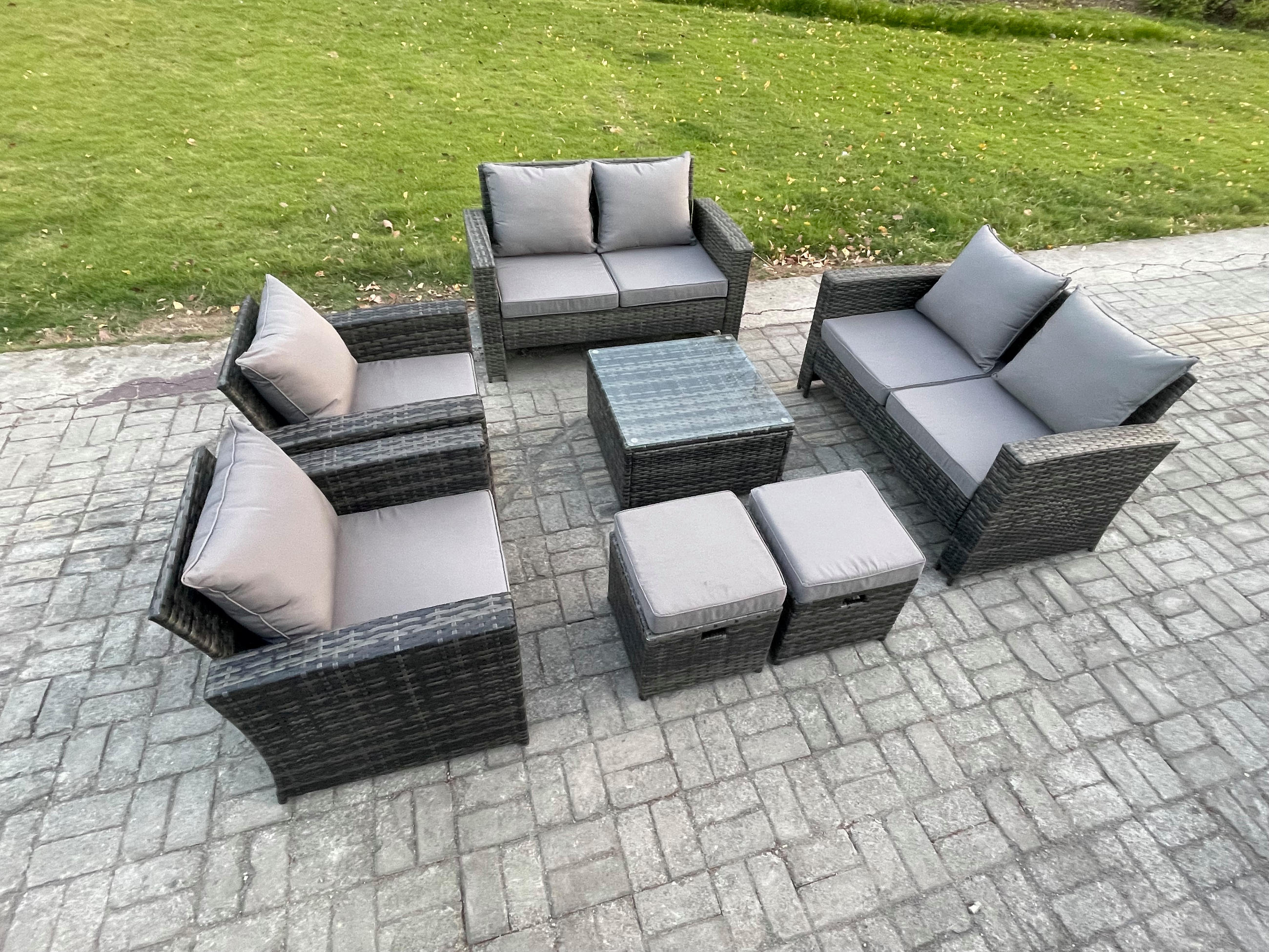 GARTENGARNITUR Polyrattan Dunkelgrau 8-Sitzer - Dunkelgrau, Metall - Fimous