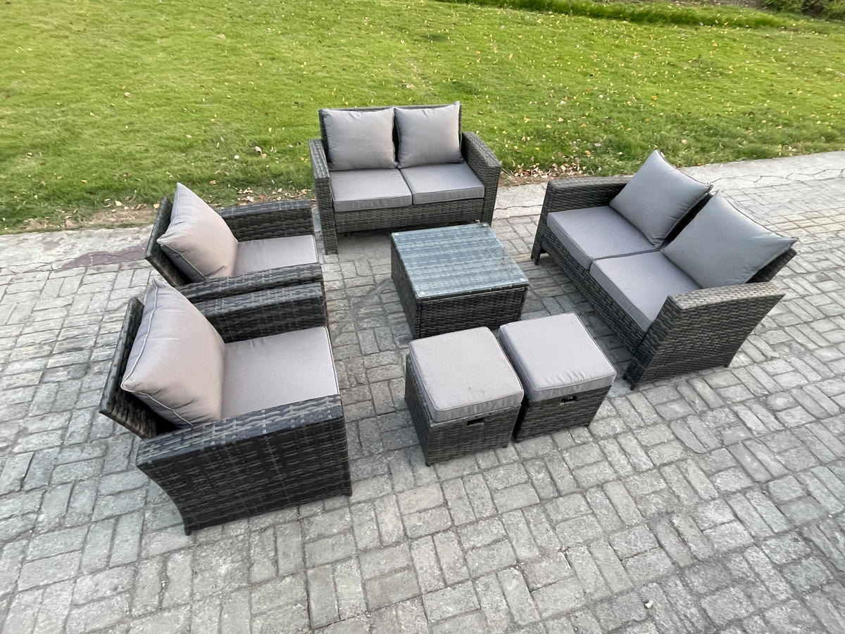 GARTENGARNITUR Polyrattan Dunkelgrau 8-Sitzer - Dunkelgrau, Metall - Fimous