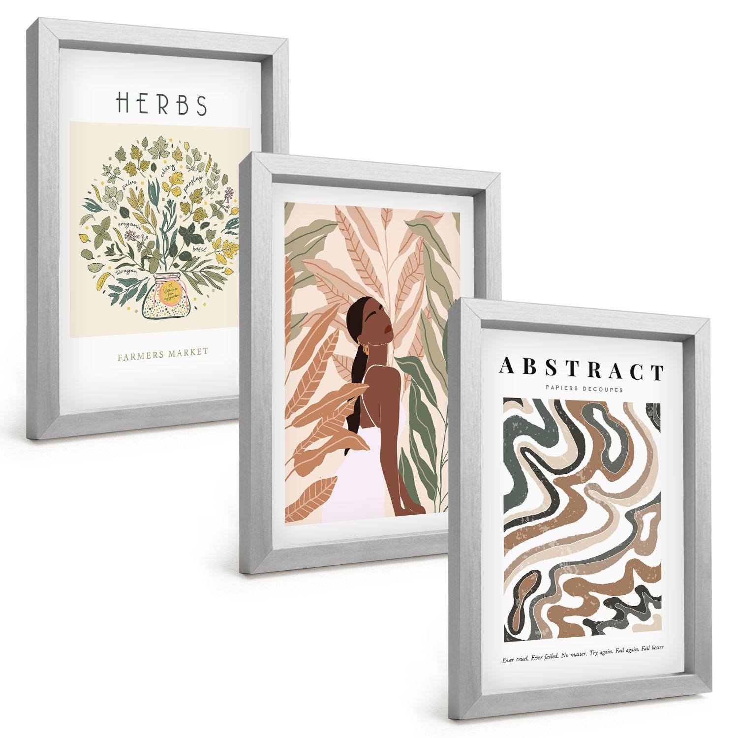 BILDER SET 3er Set - 20x30 cm Silberner Rahmen - Boho-Pastell-Minimalisten-Poster - Silberfarben, Kunststoff (20/30cm) - TULUP
