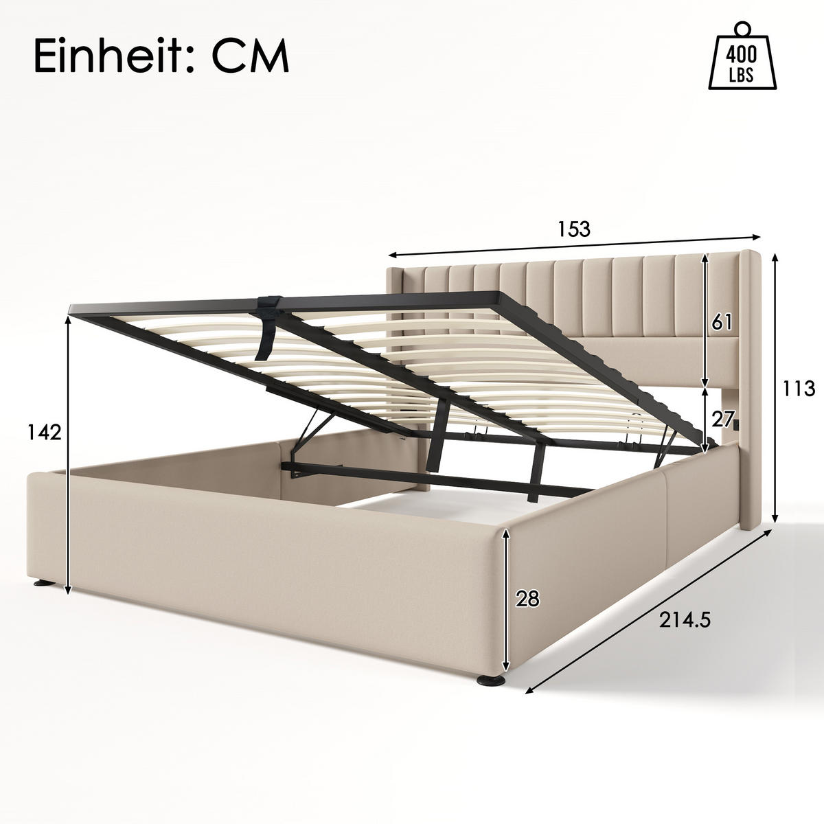 POLSTERBETT 140/200 cm Beige mit hydraulischem Bettkasten und stabilem Lattenrost - Beige, Textil (140/200cm) - OKWISH