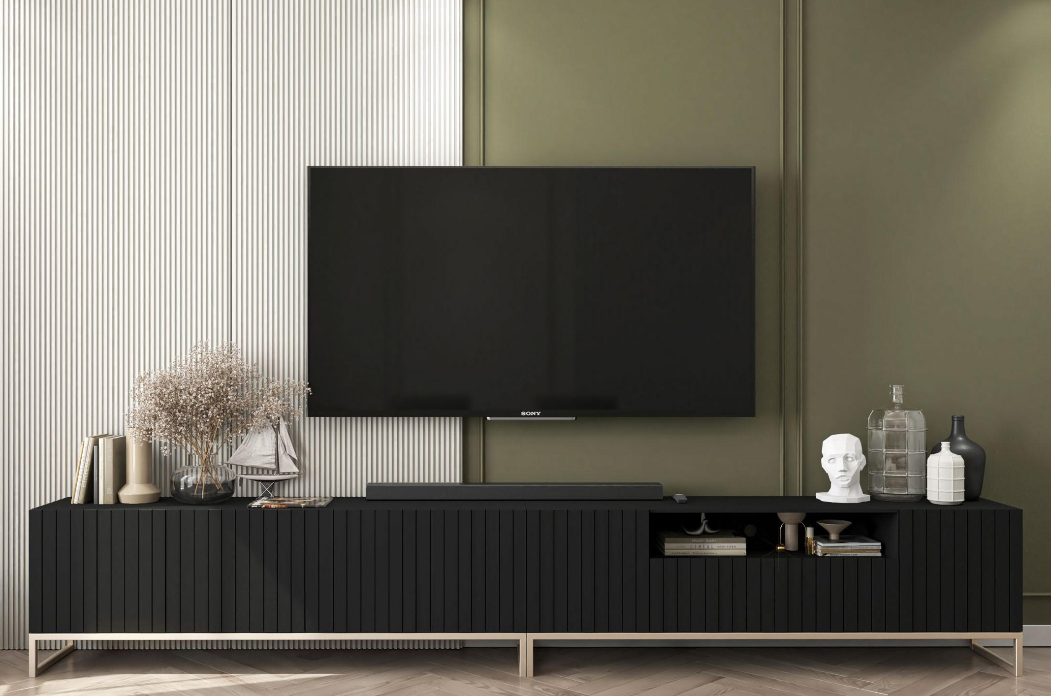 TV-LOWBOARD 2-er Set Elpis2 Schwarz Matt mit Metallrahmen 150 cm - Goldfarben/Schwarz, Holzwerkstoff/Metall (300/51.5/36.5cm) - Meble Lindner