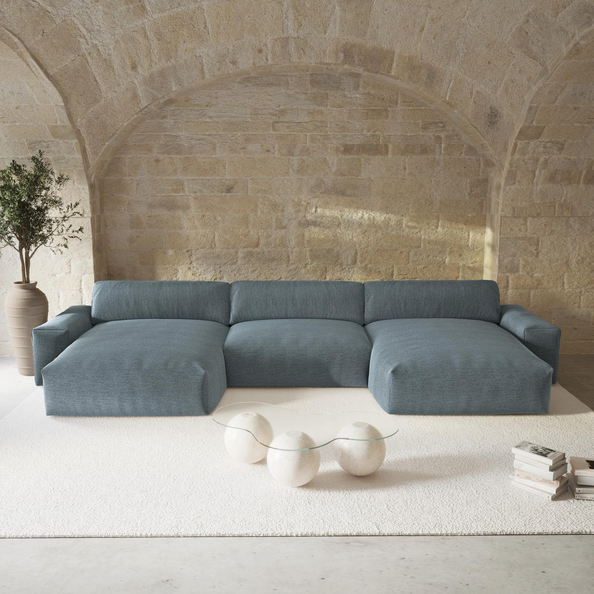 WOHNLANDSCHAFT Rastergewebe Jeansblau 420cm - Blaugrau, Textil (420/75/174cm) - Sia Home