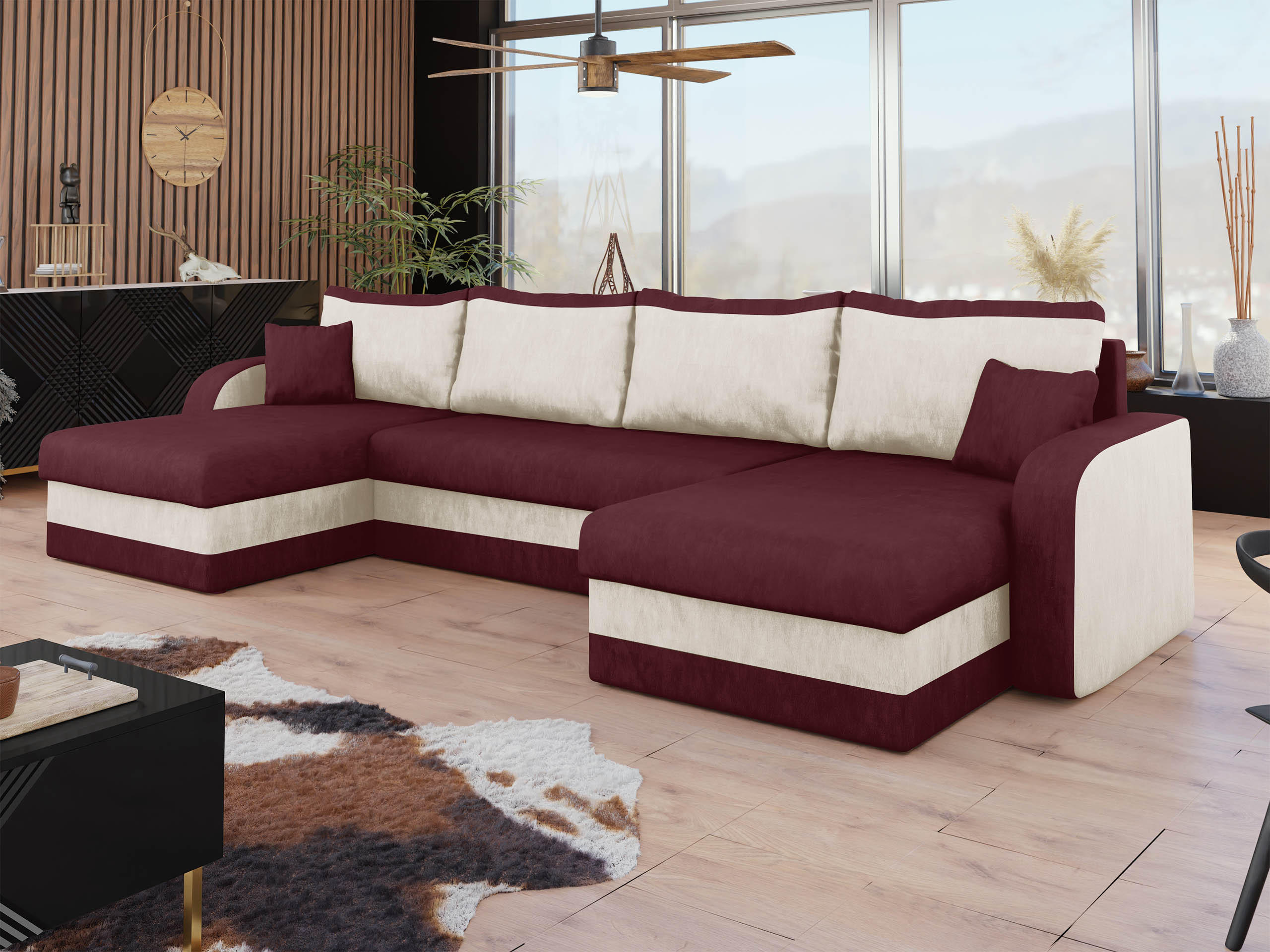 ECKSOFA Kris U - Schwarz/Dunkelrot, Holz/Kunststoff (304/80/140cm) - MIRJAN24