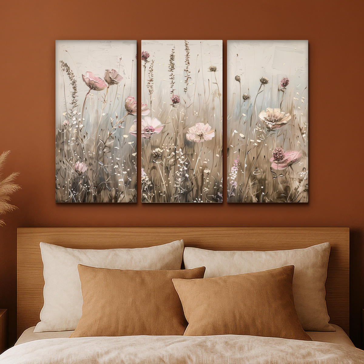 LEINWANDBILD 3er Set Blumen - Beige - Modern - Rosa 120x80 cm - Ecru, Textil (120/80cm) - MuchoWow