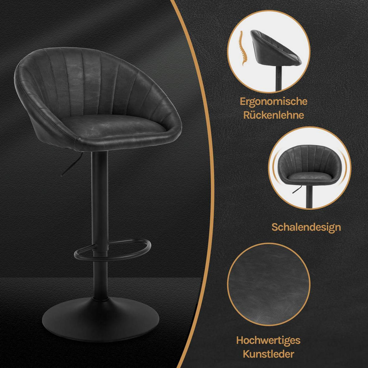 BARHOCKER 4er Set Kunstleder, Metall, Anthrazit - Anthrazit/Schwarz, Kunststoff/Metall (53/83/45cm) - Woltu