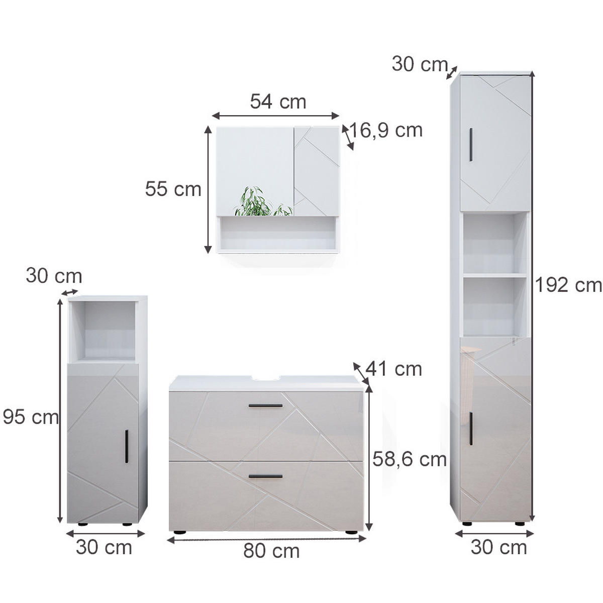 SADA NÁBYTKU DO KOUPELNY Irma Bílá vysoký lesk - bílá/vysoce lesklá bílá, kompozitní dřevo (80/58/41cm) - Vicco