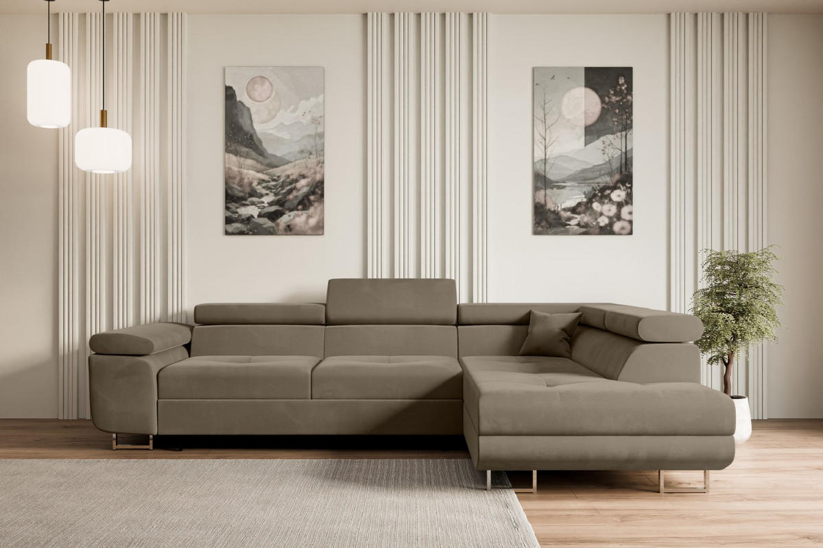ECKSOFA mit Schlaffunktion und Bettkasten GUSA-L 272x202x107 cm Braun Velours - Silberfarben/Braun, Holzwerkstoff/Textil (272/202cm) - ALTDECOR