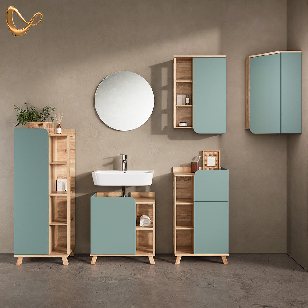 BADSCHRANK Marano Blau-Grau 42.4 x 75 cm mit Tür und offenen Fächern - Blaugrau/Sonoma Eiche, Holzwerkstoff (42.4/75/42.4cm) - Livinity®