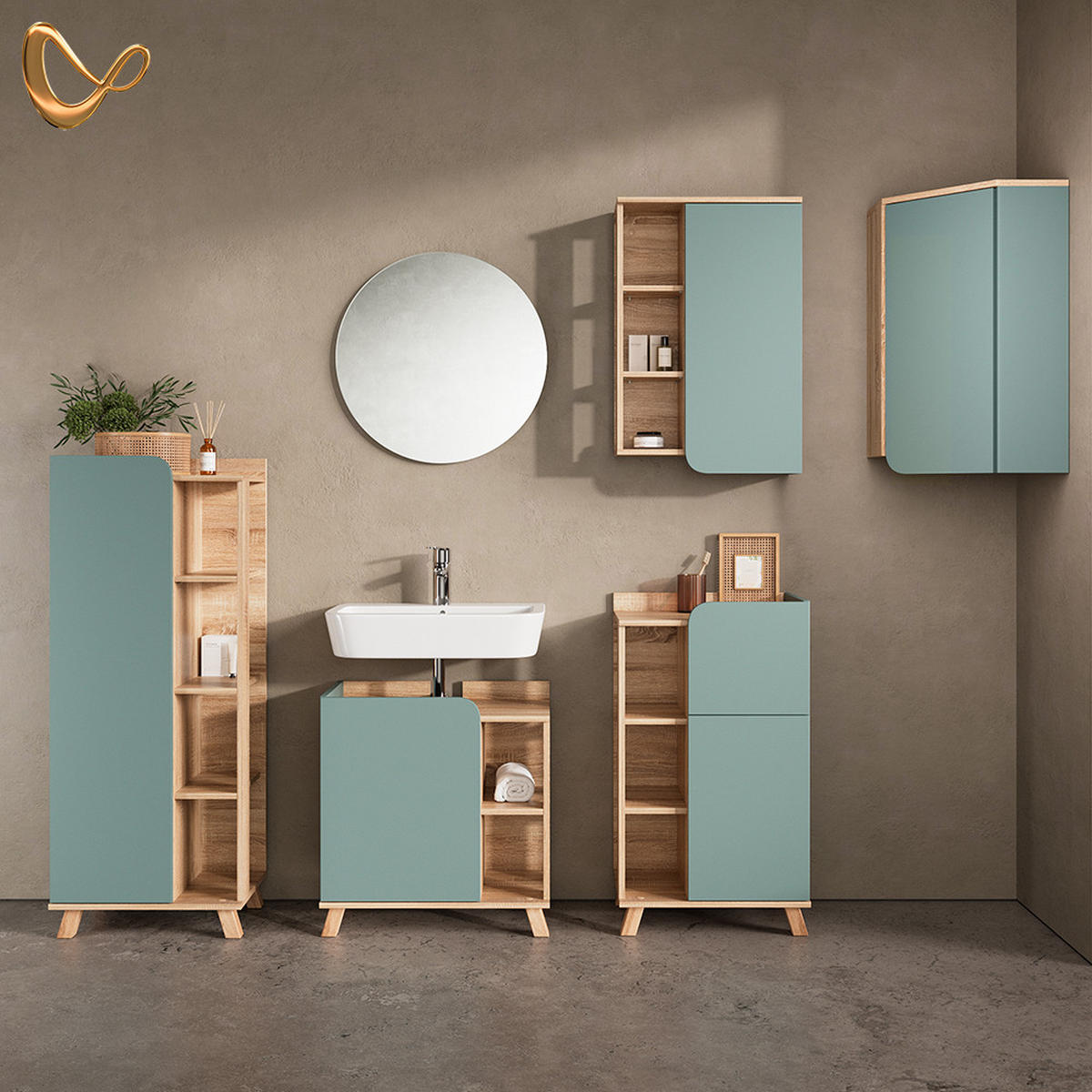 BADSCHRANK Marano Blau-Grau 42.4 x 75 cm mit Tür und offenen Fächern - Blaugrau/Sonoma Eiche, Holzwerkstoff (42.4/75/42.4cm) - Livinity®