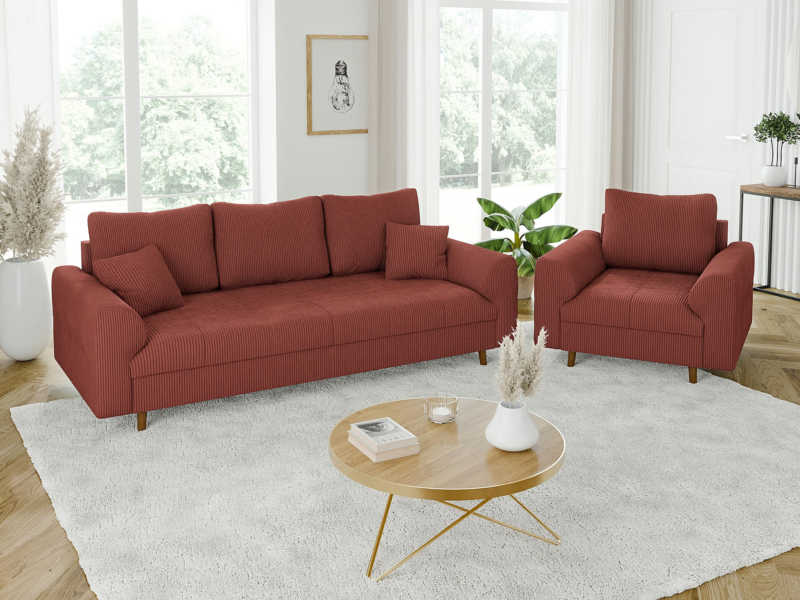 SITZGARNITUR 3+1 Alma Terrakotta Cord - Terracotta/Braun, Holz/Textil (210/81/93cm) - S-Style Möbel