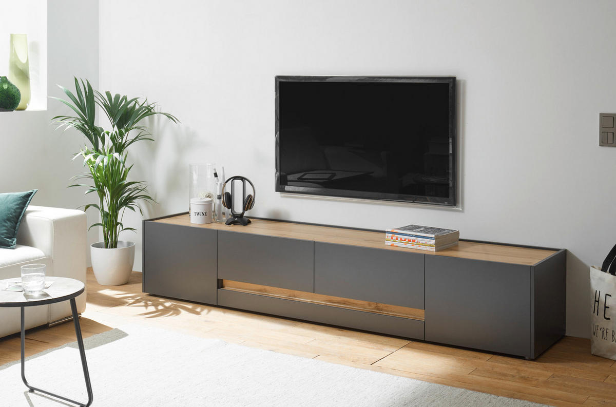 TV-LOWBOARD grau matt, Eiche Wotan 223 cm, TV Unterteil mit viel Stauraum - Eiche Wotan/Schwarz, Holzwerkstoff/Kunststoff (223/40/45cm) - Furn.Design