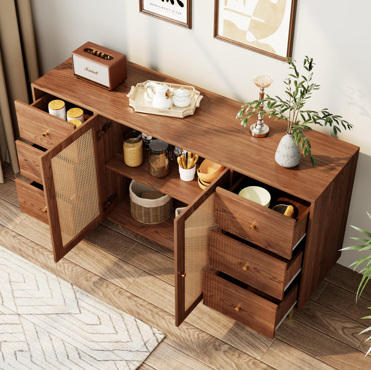 SIDEBOARD 160/40/90 cm in Holzoptik mit Rattantüren und 6 Schubladen - Eichefarben, Holzwerkstoff (160/90/40cm) - Flora Grace