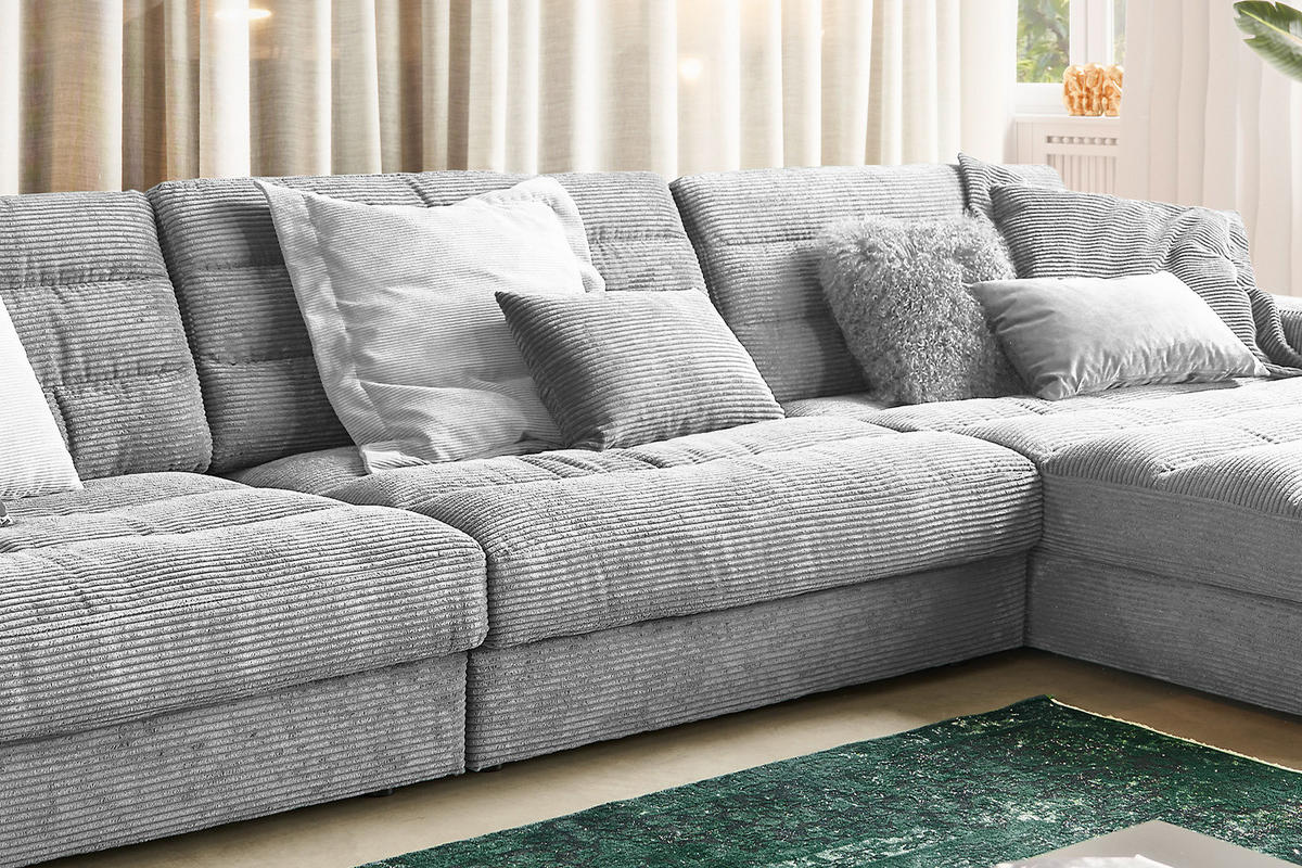 ECKSOFA XL LANA Hellgrau Cord - Hellgrau/Schwarz, Textil (416/205cm) - KAWOLA