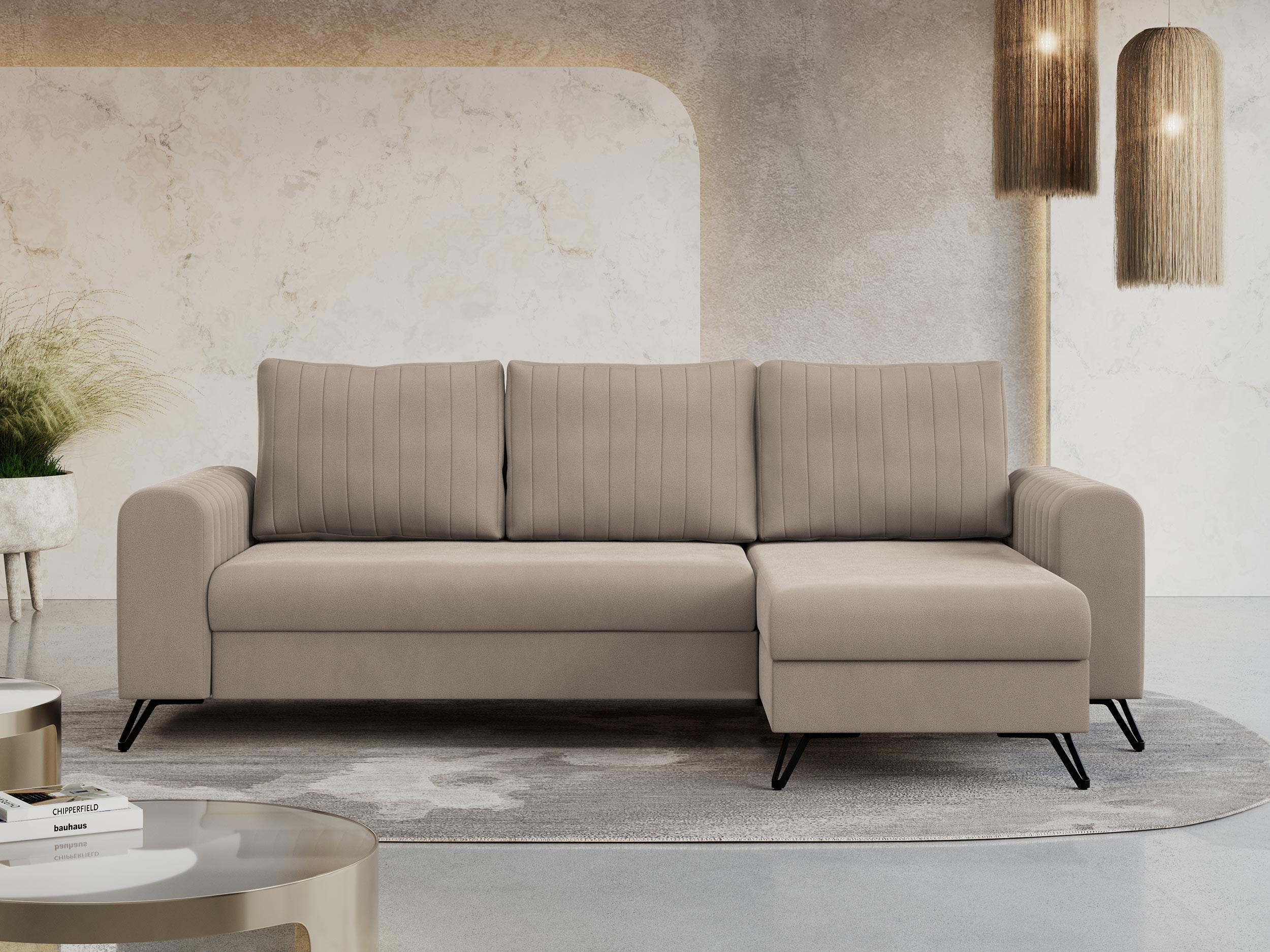 ECKSOFA Axel Samt Beige - Beige/Schwarz, Textil/Metall (242/140cm) - MKS